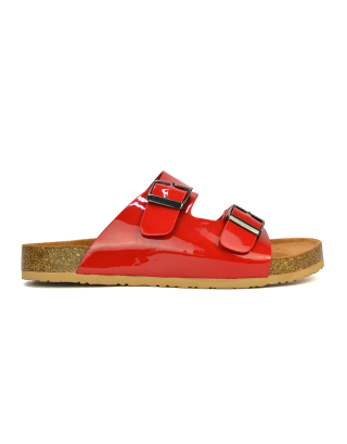 Star Double Buckle Strap Flat Slider Casual Footbed Summer Mule Sandals in Red Patent