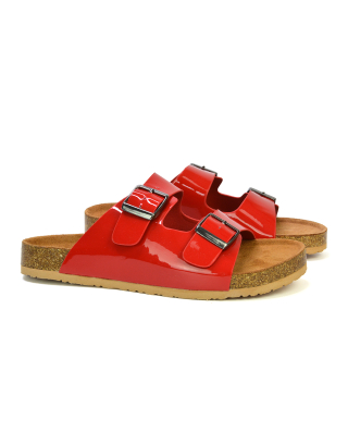 Star Double Buckle Strap Flat Slider Casual Footbed Summer Mule Sandals in Red Patent
