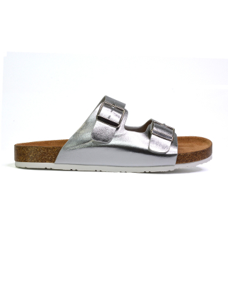 Star Double Buckle Strap Flat Slider Casual Footbed Summer Mule Sandals in Silver
