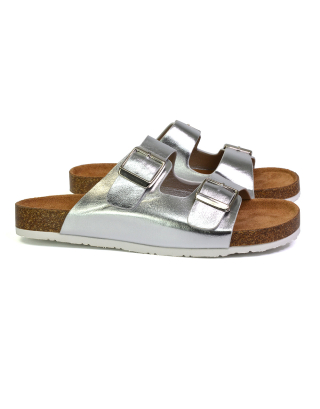 Star Double Buckle Strap Flat Slider Casual Footbed Summer Mule Sandals in Silver