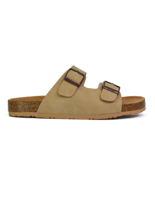 Star Double Buckle Strap Flat Slider Casual Footbed Summer Mule Sandals in Taupe