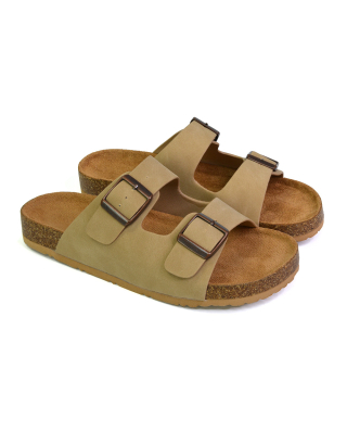 Star Double Buckle Strap Flat Slider Casual Footbed Summer Mule Sandals in Taupe