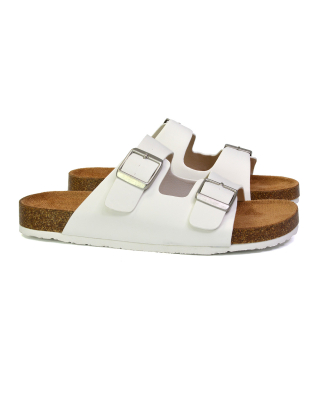 Star Double Buckle Strap Flat Slider Casual Footbed Summer Mule Sandals in White