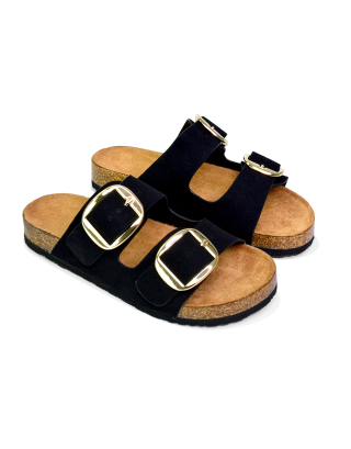 Dolly Slip On Sliders Statement Double Buckle Up Flat Sandals in Black