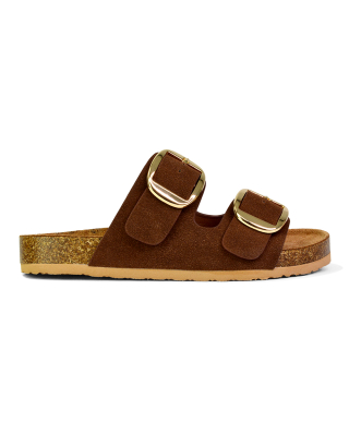 Dolly Slip On Sliders Statement Double Buckle Up Flat Sandals in Brown 