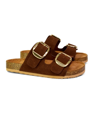 Dolly Slip On Sliders Statement Double Buckle Up Flat Sandals in Brown 