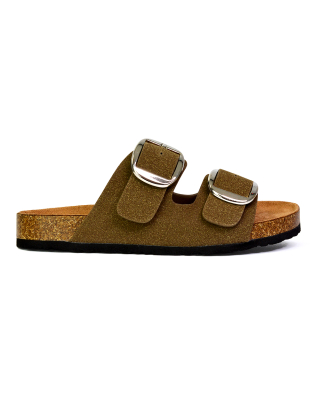 Dolly Slip On Sliders Statement Double Buckle Up Flat Sandals in Khaki