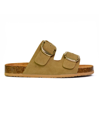 Dolly Slip On Sliders Statement Double Buckle Up Flat Sandals in Taupe 