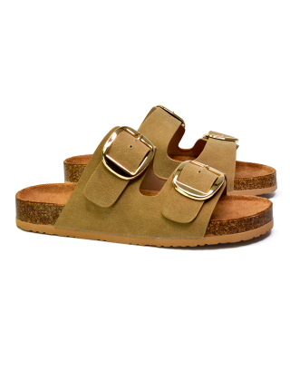 Dolly Slip On Sliders Statement Double Buckle Up Flat Sandals in Taupe 