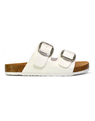 Dolly Slip On Sliders Statement Double Buckle Up Flat Sandals in White 