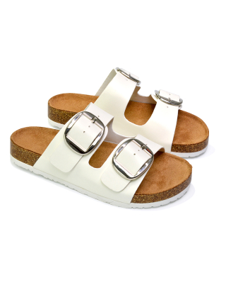 Dolly Slip On Sliders Statement Double Buckle Up Flat Sandals in White 