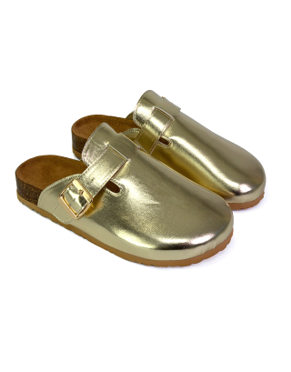 Savannah Closed Toe Slip On Buckle Flat Sandal Sliders in Gold
