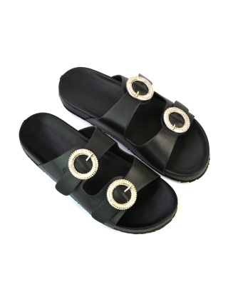 Reggie Double Strap Diamante Slip On Flat Sandals Sliders in Black