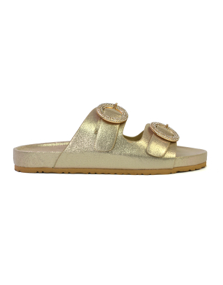 Reggie Double Strap Diamante Slip On Flat Sandals Sliders in Gold
