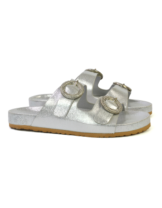 Reggie Double Strap Diamante Slip On Flat Sandals Sliders in Silver