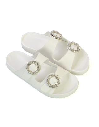 Reggie Double Strap Diamante Slip On Flat Sandals Sliders in White