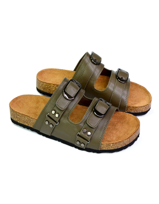 Evan Strappy Slip On Mule Summer Holiday Buckle Flat Sandals Sliders in Khaki