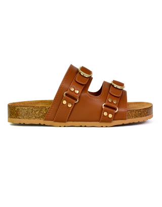 Evan Strappy Slip On Mule Summer Holiday Buckle Flat Sandals Sliders in Tan