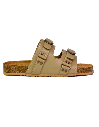 Evan Strappy Slip On Mule Summer Holiday Buckle Flat Sandals Sliders in Taupe 