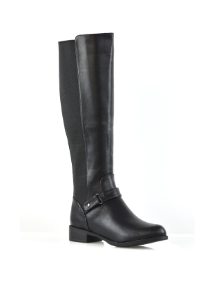 MIKAYLA WINTER ELASTICATED ZIP-UP FLAT KNEE HIGH BOOTS IN BLACK SYNTHETIC LEATHER