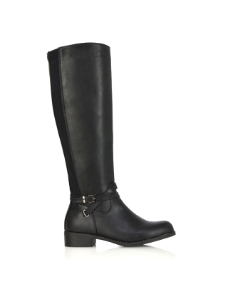 Everly Flat Knee High Low Block Heel Riding Flat Long Boots in Black Synthetic Leather