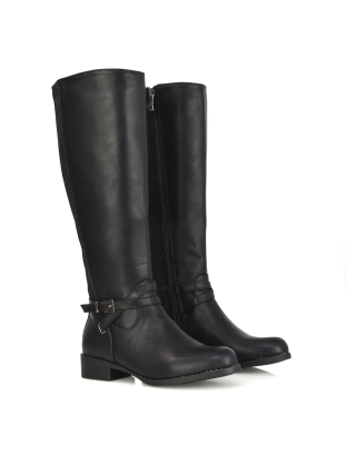 Everly Flat Knee High Low Block Heel Riding Flat Long Boots in Black Synthetic Leather