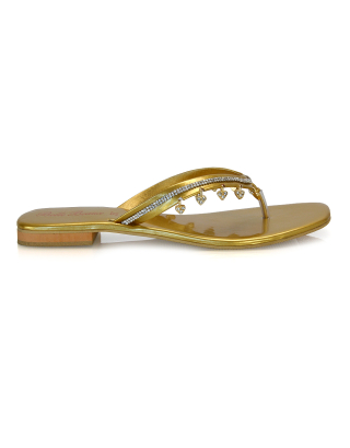 Alex Heart Detail Toe Post Square Toe Flat Diamante Sandal Slides In Gold