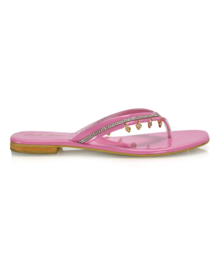 Alex Heart Detail Toe Post Square Toe Flat Diamante Sandal Slides In Pink