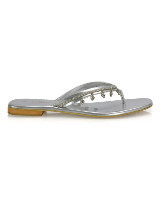 Alex Heart Detail Toe Post Square Toe Flat Diamante Sandal Slides In Silver
