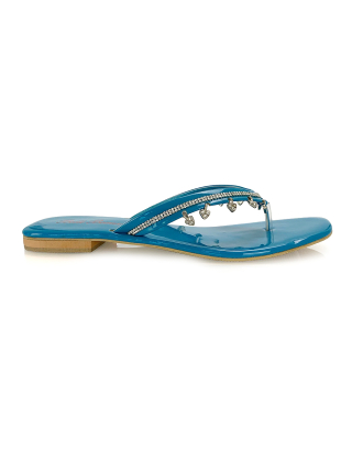 Alex Heart Detail Toe Post Square Toe Flat Diamante Sandal Slides In Turquoise