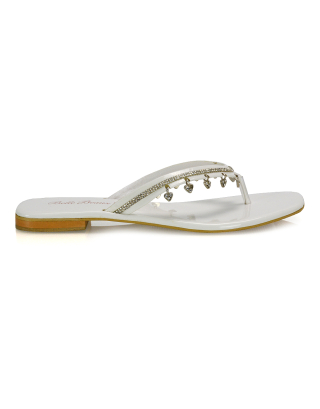 Alex Heart Detail Toe Post Square Toe Flat Diamante Sandal Slides In White