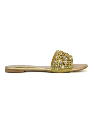 Brielle Metallic Slip On Diamante Flat Sandal Sliders in Gold