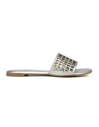 Abbie Mesh Strappy Diamante Slip On Flat Sandals Sliders in Silver 