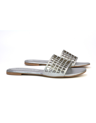 Abbie Mesh Strappy Diamante Slip On Flat Sandals Sliders in Silver 
