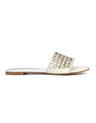 Abbie Mesh Strappy Diamante Slip On Flat Sandals Sliders in White 