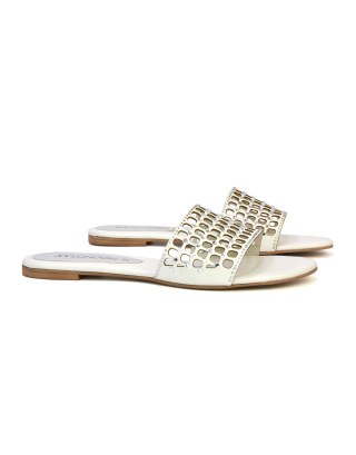 Abbie Mesh Strappy Diamante Slip On Flat Sandals Sliders in White 