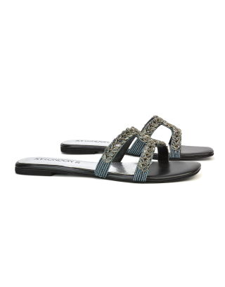 Kane Slip On Cut Out Square Toe Diamante Flat Sandals Sliders in Black