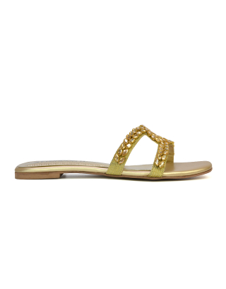 Kane Slip On Cut Out Square Toe Diamante Flat Sandals Sliders in Gold 