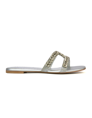 Kane Slip On Cut Out Square Toe Diamante Flat Sandals Sliders in Silver