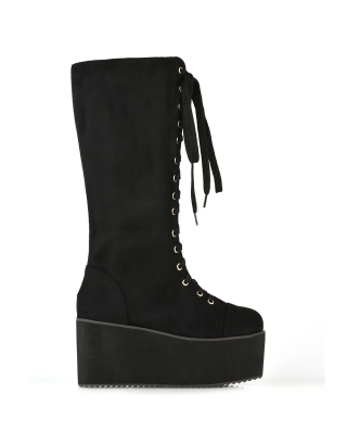 LIZ'S CHUNKY SOLE LACE UP KNEE HIGH BIKER WINTER PLATFORM BOOTS IN BLACK FAUX SUEDE