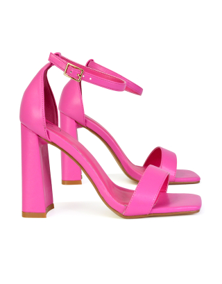 Kamryn Buckle Up Ankle Strap Square Toe Block High Heel Sandals in Fuchsia