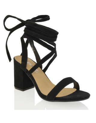 LOLA TIE LACE UP STRAPPY MID-BLOCK BARELY HIGH HEEL SANDALS IN BLACK FAUX SUEDE