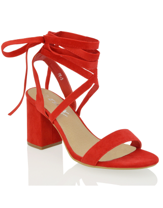 LOLA TIE LACE UP STRAPPY MID-BLOCK HIGH HEEL SANDALS IN RED