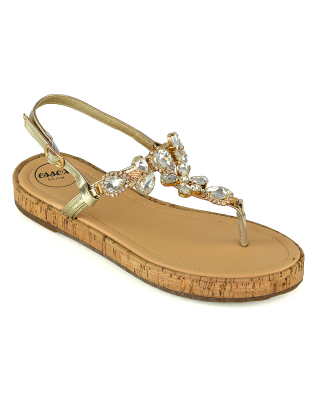 Adley Sling Back Strappy Toe Post Platform Rhinestone Diamante Sandals in Gold
