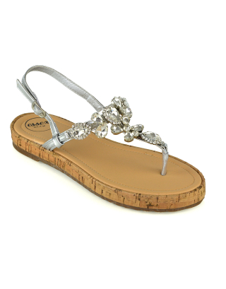 Adley Sling Back Strappy Toe Post Platform Rhinestone Diamante Sandals in Silver