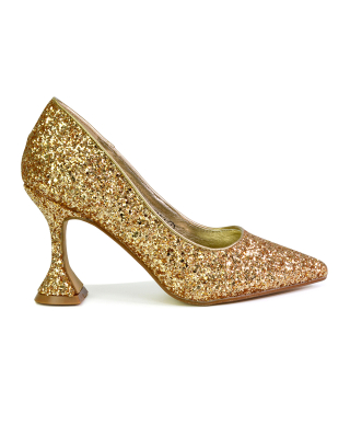Dragonfruit Glitter Pumps Pointed Toe Sparkly Glitter Heel Court Shoes in Gold