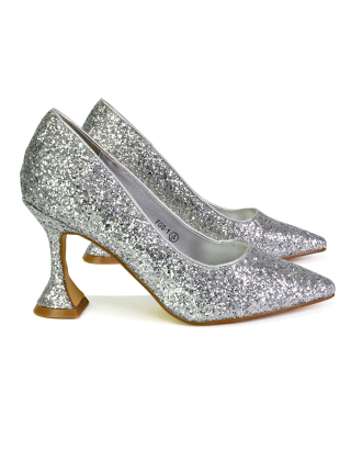 Dragonfruit Glitter Pumps Pointed Toe Sparkly Glitter Heel Court Shoes in Silver