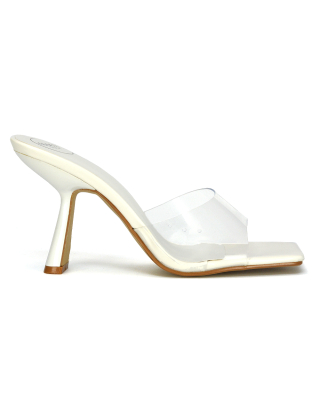  Lacie Square Toe Perspex Thin Block High Heel Mule Sandals in White Patent  