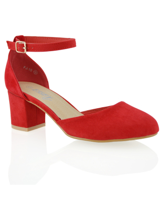 BILLIE-MAY CHUNKY STRAPPY MID BLOCK HIGH HEELS COURT SHOES IN RED