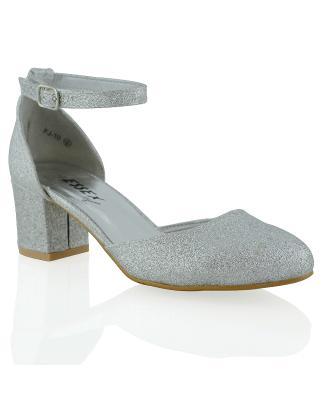 BILLIE-MAY CHUNKY STRAPPY MID BLOCK HIGH HEELS COURT SHOES IN SILVER GLITTER